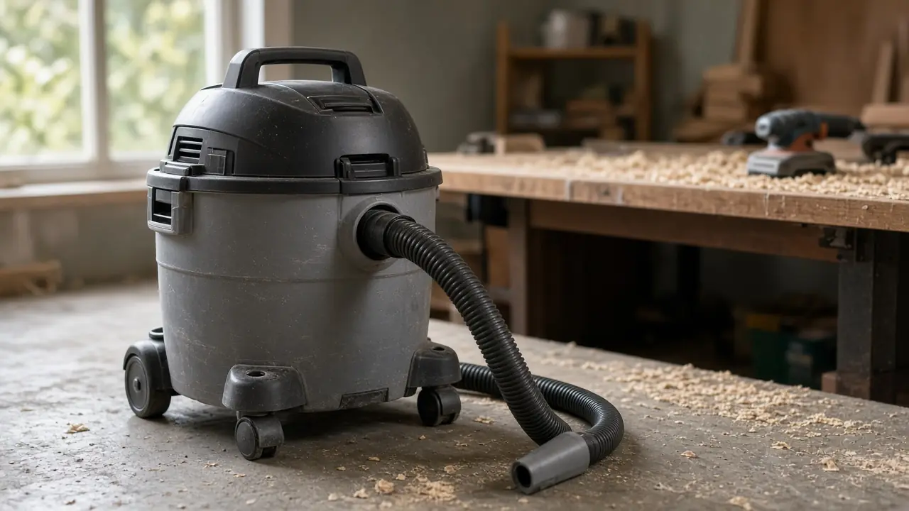 Aspirator umed-uscat gri cu furtun negru pe podeaua de beton a unui atelier, lângă un banc de lucru acoperit cu rumeguș, în lumină naturală de la fereastră