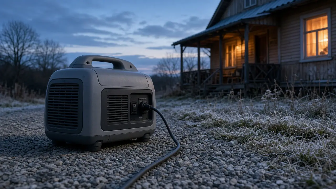 Generator portabil cu invertor pe pietriș, lângă o casă la țară cu geamurile luminate, în amurg de toamnă târzie cu brumă pe iarbă