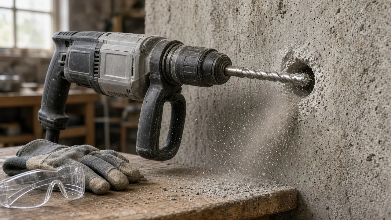 Rotopercutor SDS-plus care găurește un perete de beton într-un atelier, cu mănuși și ochelari de protecție pe banc