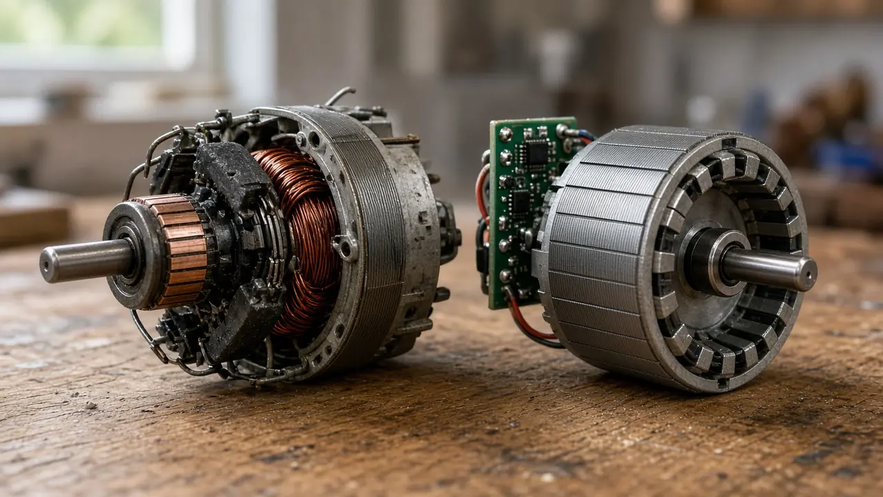 Autofiletantă cu acumulator și un motor electric desfăcut, cu colector și perii de carbon, pe un banc de lucru dintr-un atelier
